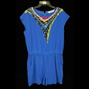 TRINA TURK BLUE SILK SEQUIN ROMPER/JUMPSUIT SIZE 8 COBALT BLUE CREW NECK 